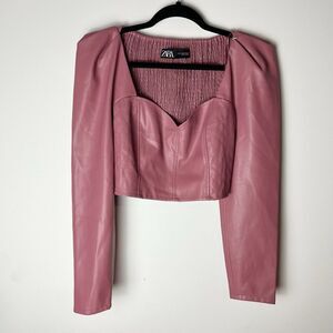 Zara Woman’s Top M Pleather Corset Crop Top Pink​